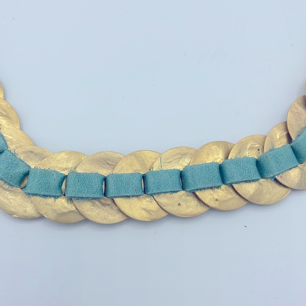Hagar Satat Teal Leather and Gold Tone Coin Necklace - Picture 2 of 6